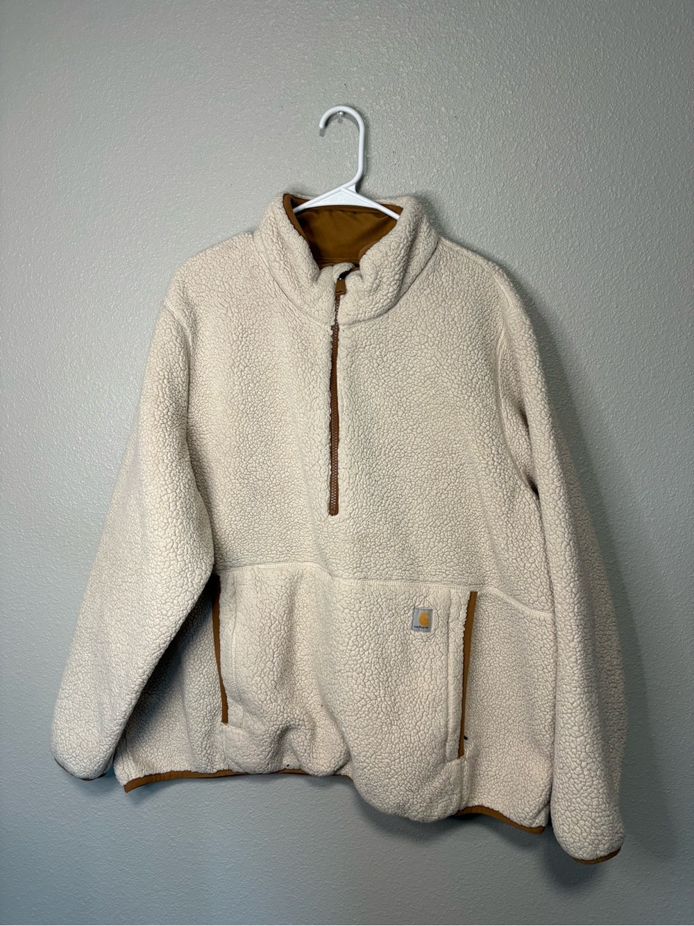 Carhartt Loose Fit 1/2 Zip Fleece Pullover Oat Milk Cream Brown Trim 2XL